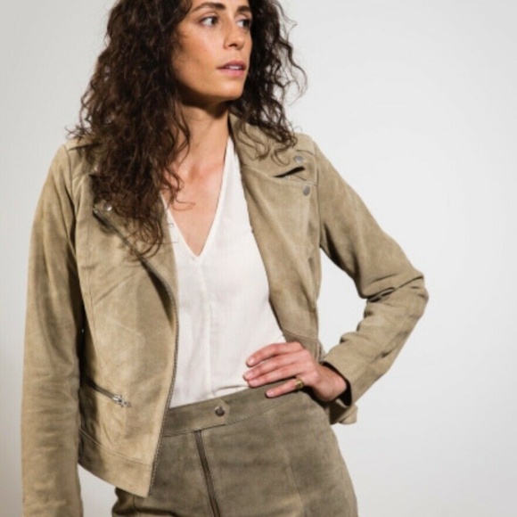 JUST FEMALE SUEDE LEATHER MOTORCYCLE JACKEN GREEN - Picture 2 of 3